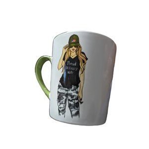 Proud Military Wife Coffee Mug Cup Ceramic 4.5" Tall White Green Handle Large